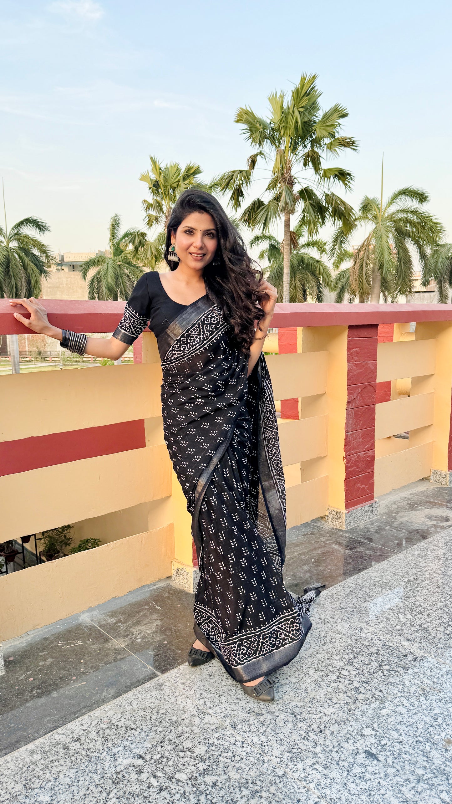 Black Lenin Saree with Bagru Handblock