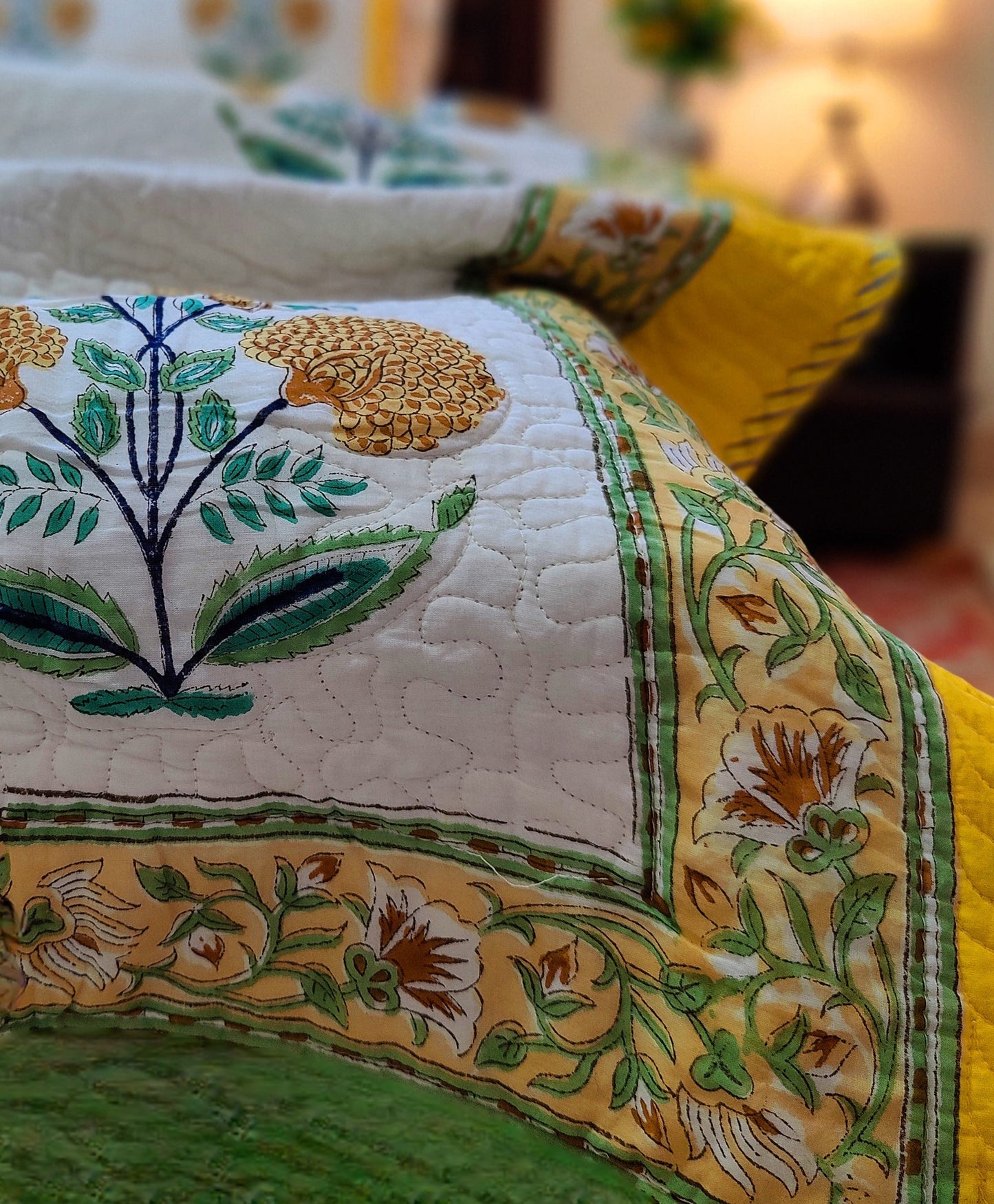 Yellow Poppy Charm Handblock Bed Cover With 2 Pillow Cover