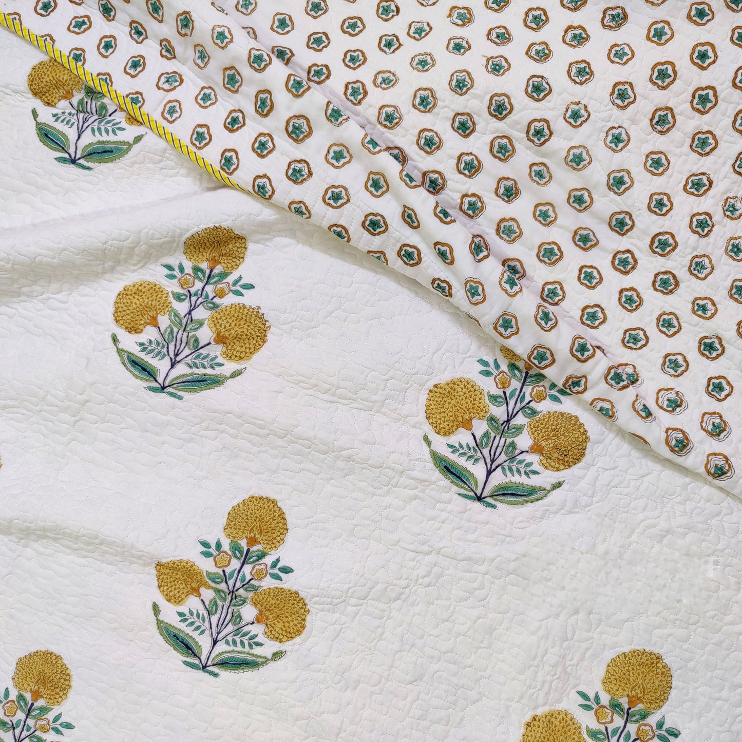 Yellow Poppy Charm Handblock Bed Cover With 2 Pillow Cover