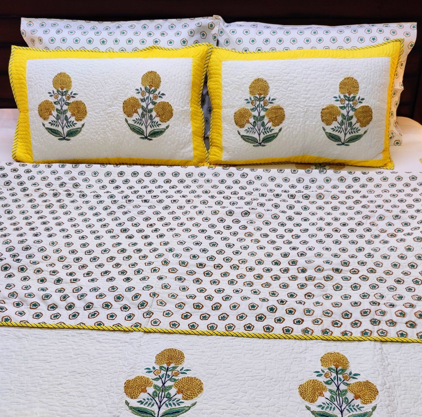 Yellow Poppy Charm Handblock Bed Cover With 2 Pillow Cover