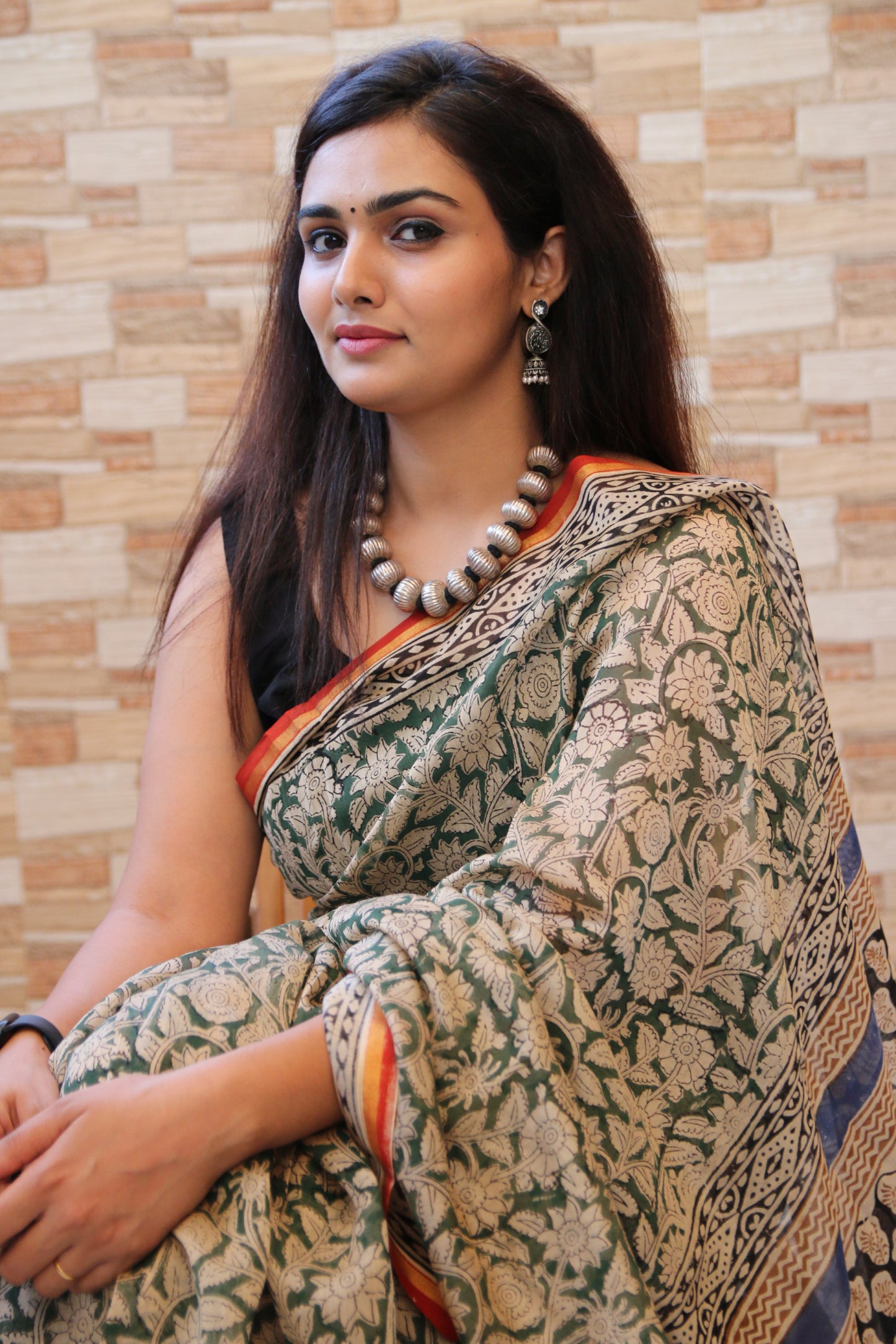 Green & Beige Bagru Handblock Chanderi Saree