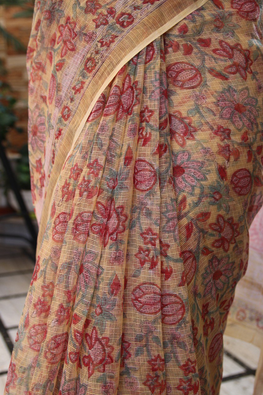 Pink Kota Doria Saree with Floral Bagru Handblock