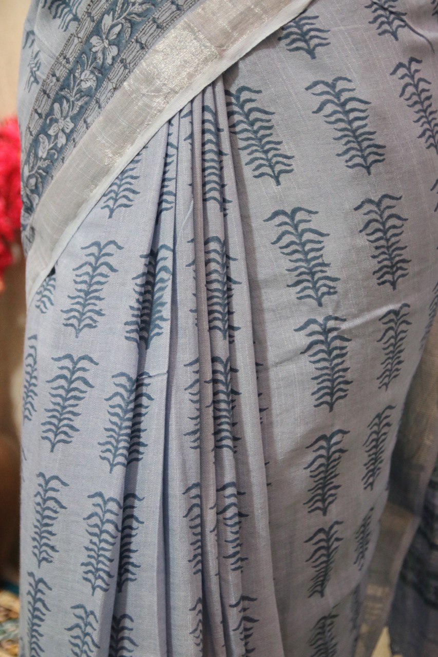 Aqua Blue Bagru Handblock Linen Saree