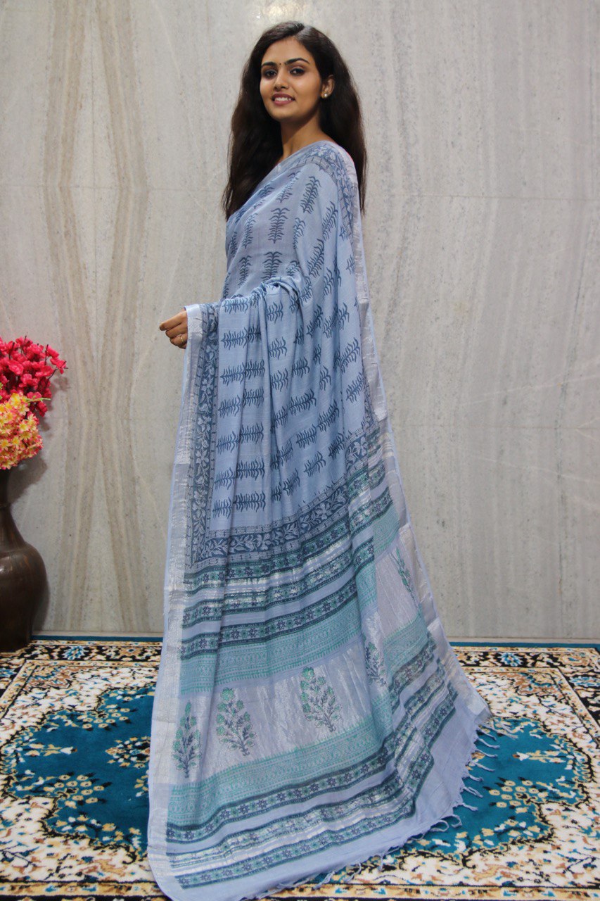 Aqua Blue Bagru Handblock Linen Saree