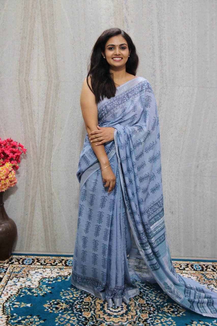 Aqua Blue Bagru Handblock Linen Saree