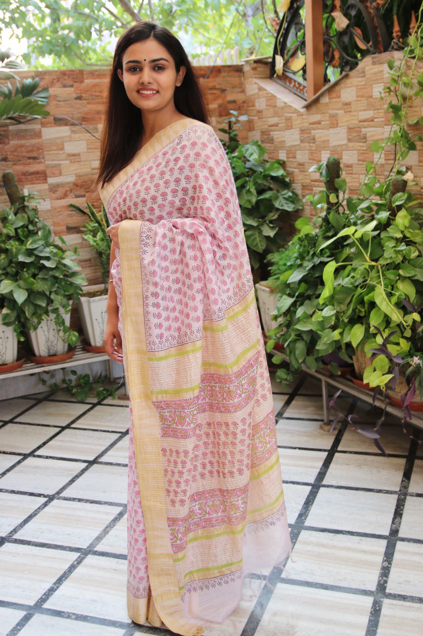 Blush Pink Linen Saree with Bagru Handblock