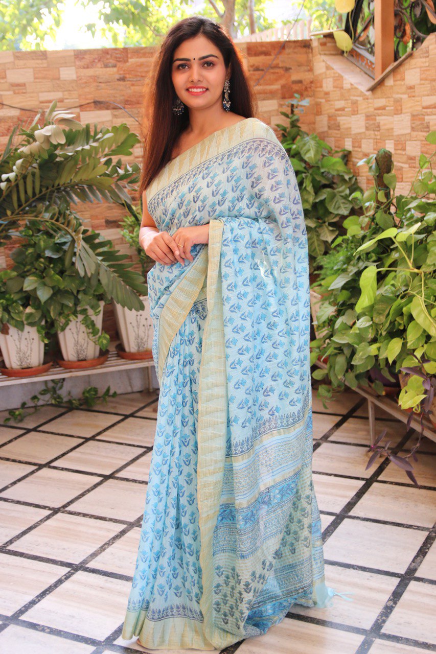 Aqua Blue linen Saree with Bagru Handblock
