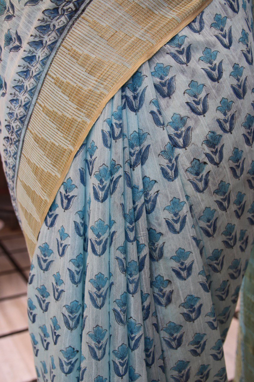 Aqua Blue linen Saree with Bagru Handblock