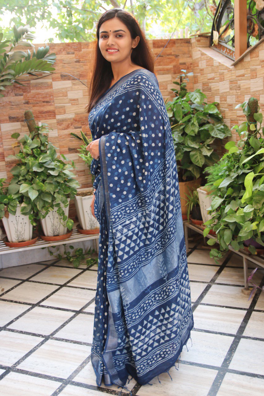 Indigo Linen Saree with Polka Dabu Handblock