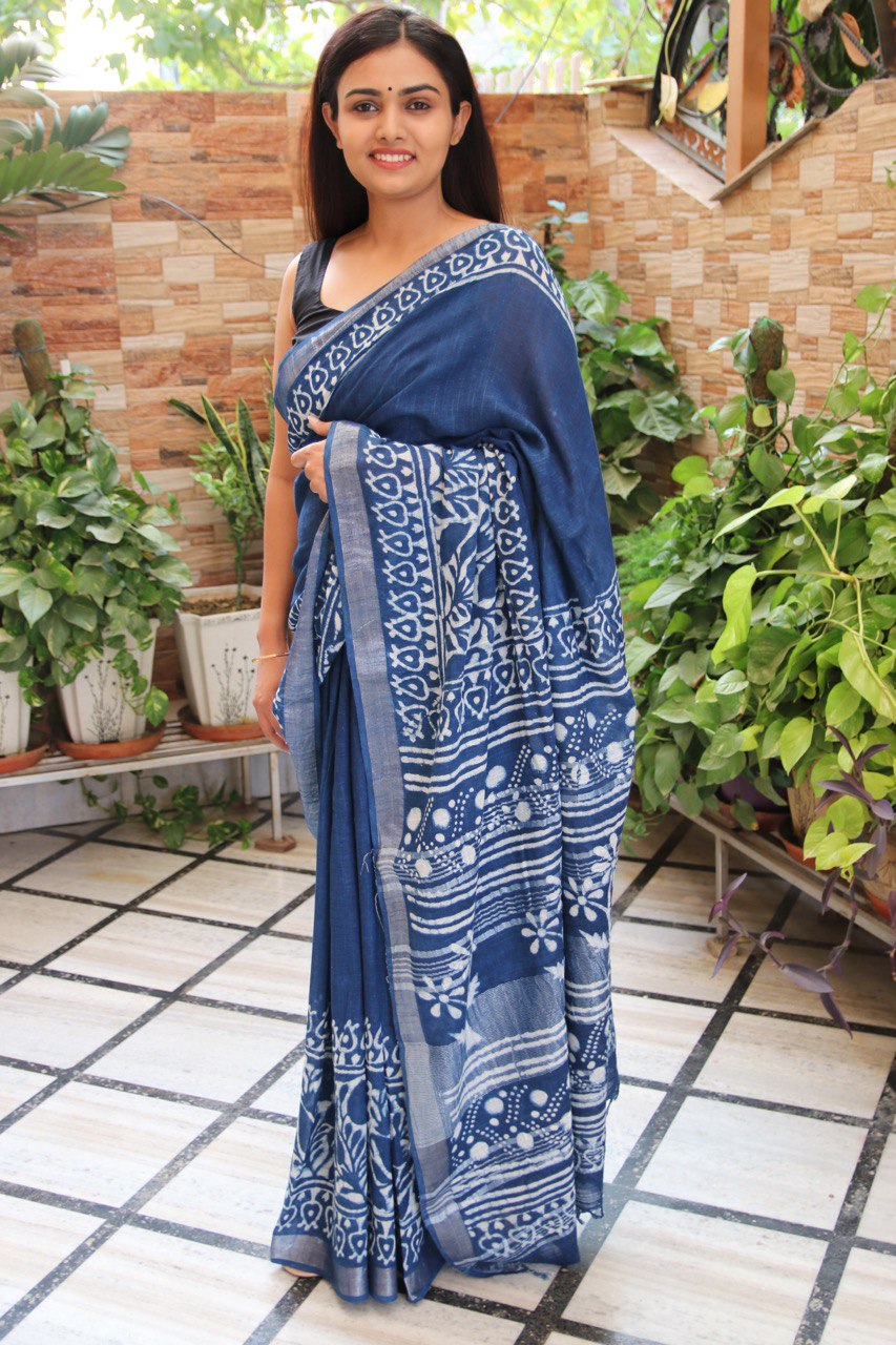 Indigo Linen Saree with Dabu Handblock Border