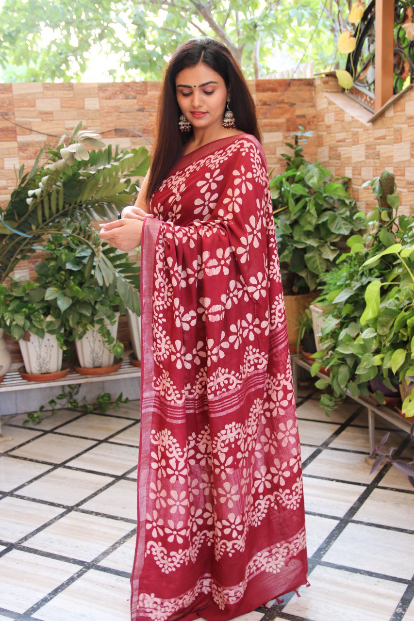 Maroon Linen Saree with Dabu Handblock
