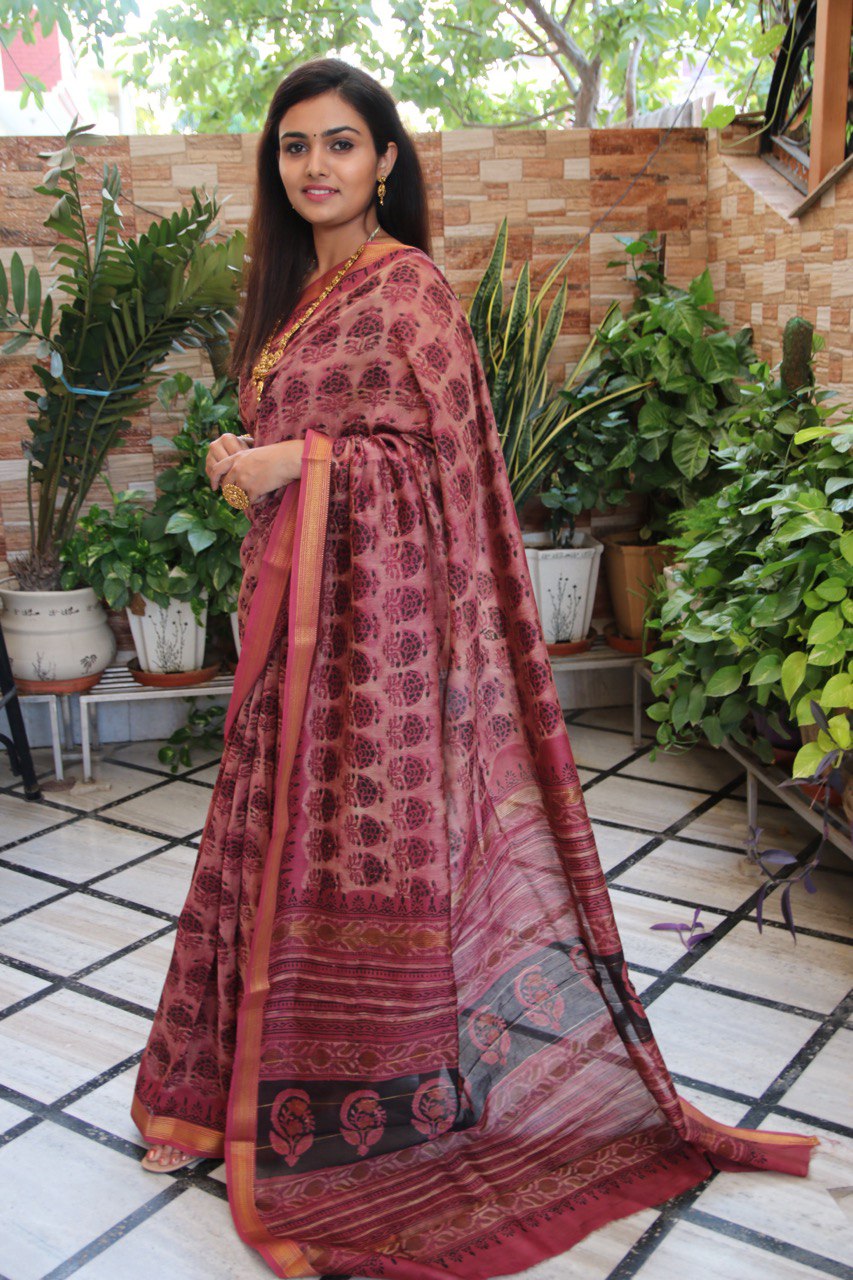 Old Rose Bagru Handblock Maheshwari Saree