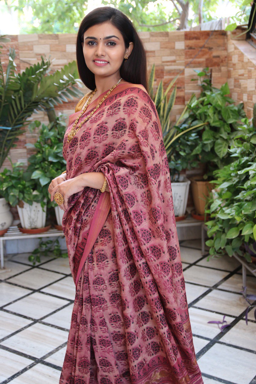 Old Rose Bagru Handblock Maheshwari Saree