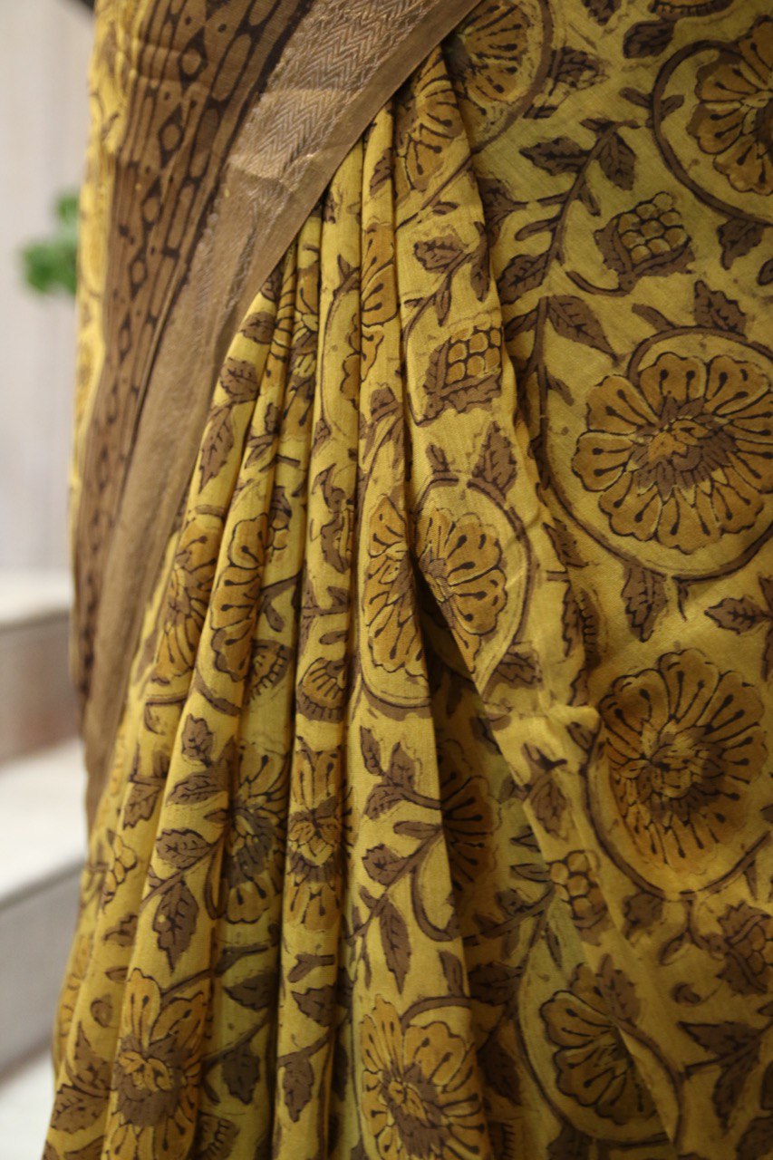 Mustard Yellow Bagru Handblock Maheshwari Saree