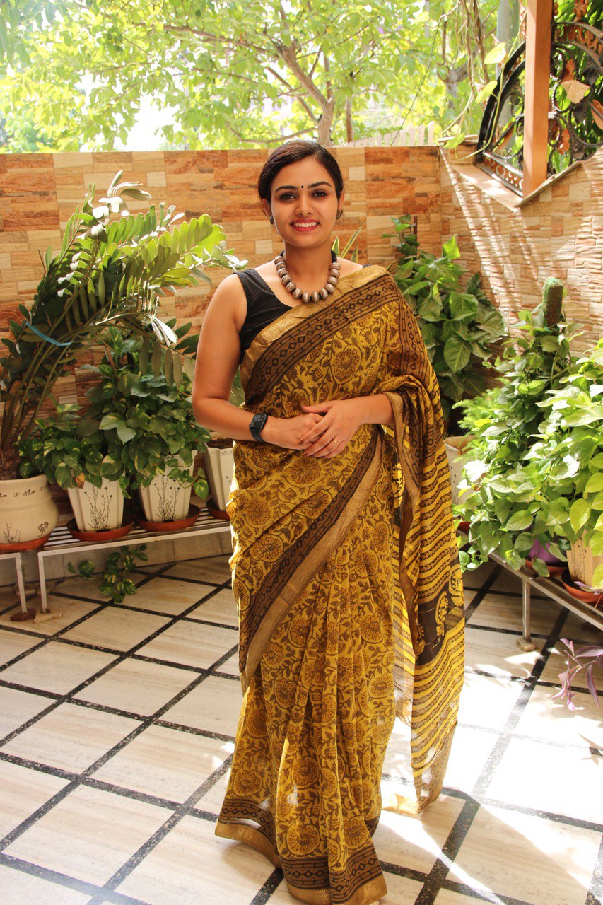 Mustard Yellow Bagru Handblock Maheshwari Saree