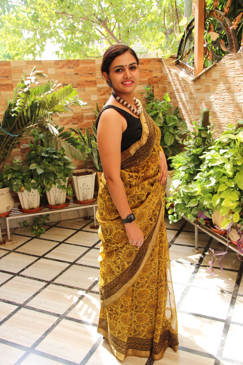 Mustard Yellow Bagru Handblock Maheshwari Saree