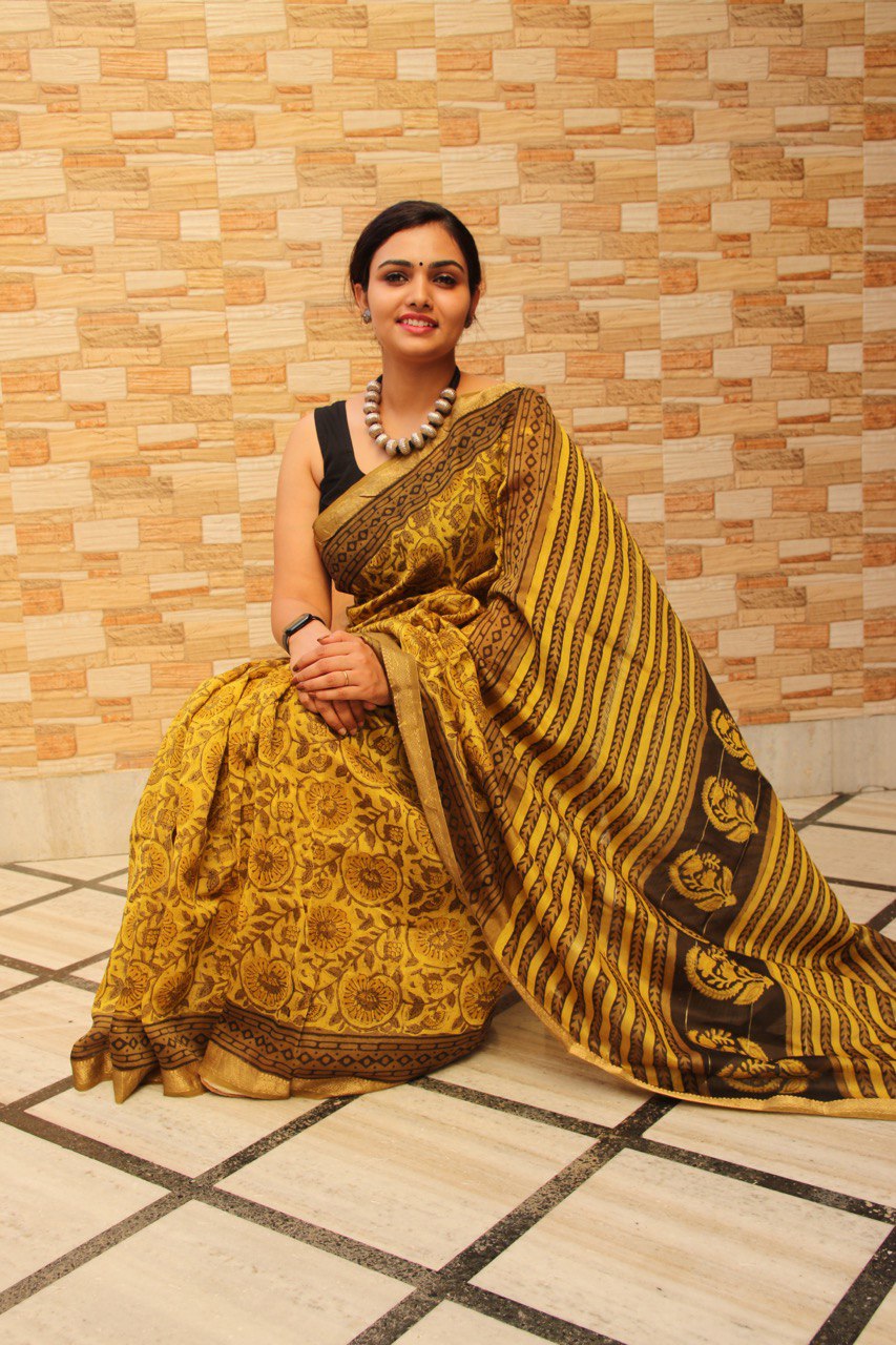 Mustard Yellow Bagru Handblock Maheshwari Saree