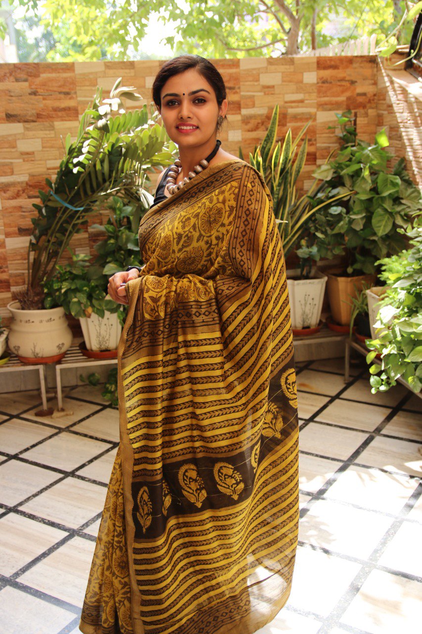 Mustard Yellow Bagru Handblock Maheshwari Saree