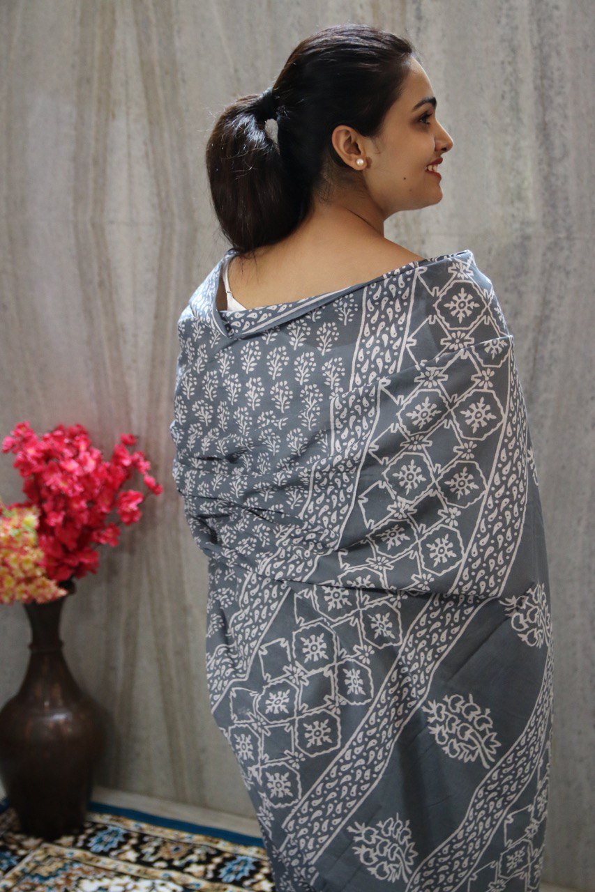 Grey Bagru Handblock Mul Cotton