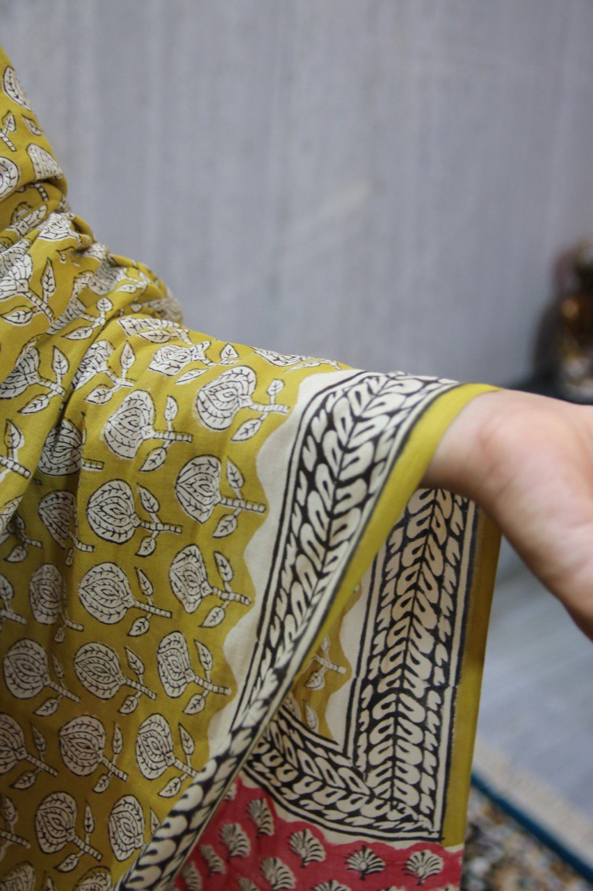 Mustard Green Mul Cotton Saree with Bagru Handblock