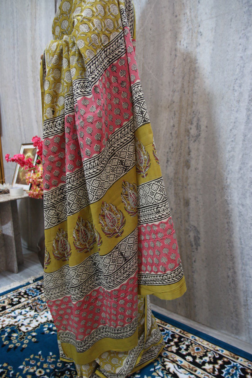 Mustard Green Mul Cotton Saree with Bagru Handblock