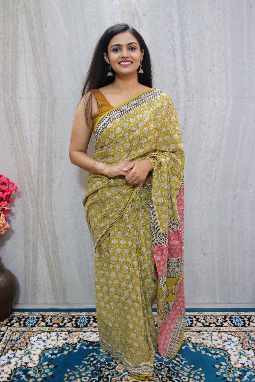 Mustard Green Mul Cotton Saree with Bagru Handblock