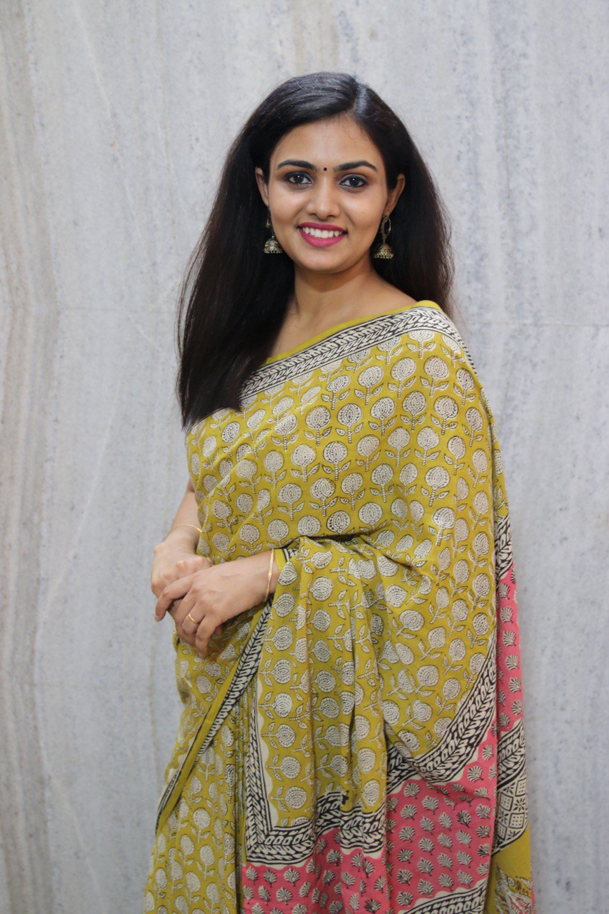 Mustard Green Mul Cotton Saree with Bagru Handblock
