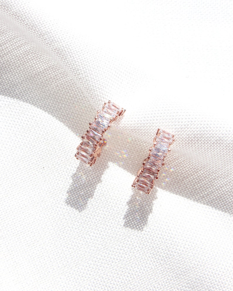 14K Rose Gold Baguette Diamond Hoop Earrings Z116