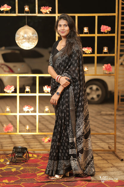 Black Lenin Saree with Bagru Handblock