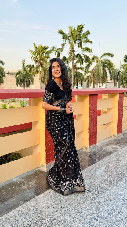Black Lenin Saree with Bagru Handblock