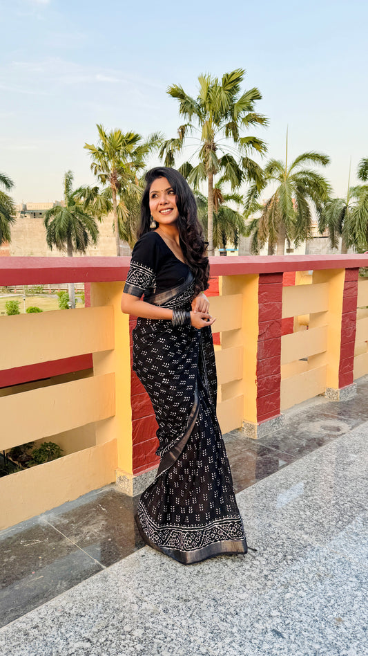 Black Lenin Saree with Bagru Handblock