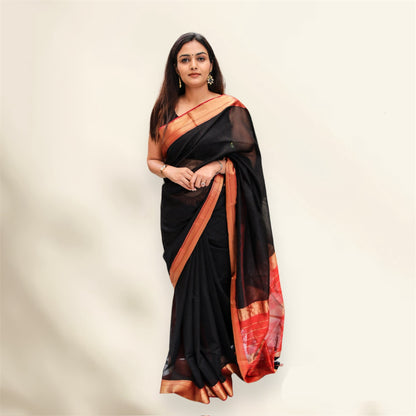 Black with Red Border Handwoven Maheshwari saree