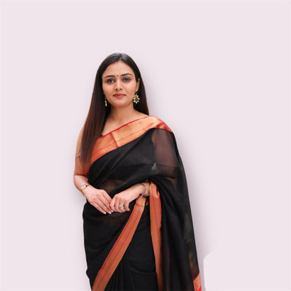 Black with Red Border Handwoven Maheshwari saree