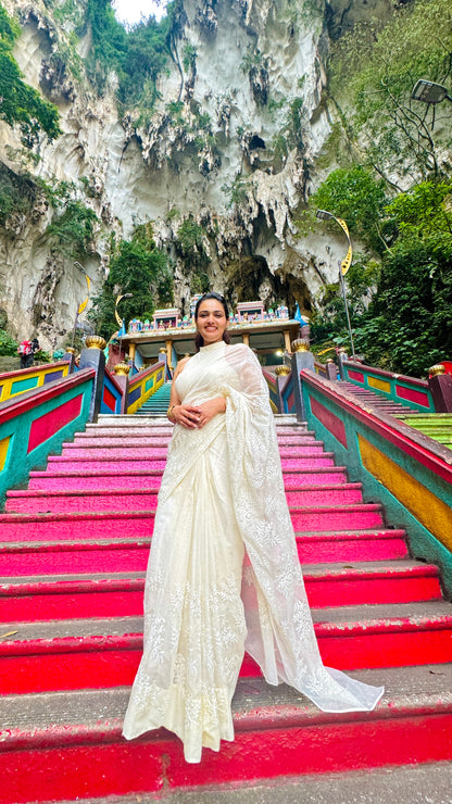 Off White Handwoven Kota Doria with Embroidery