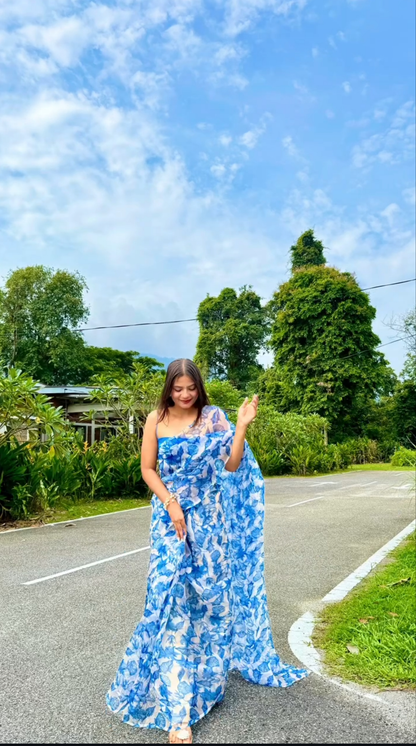 Blue Floral Organza Saree