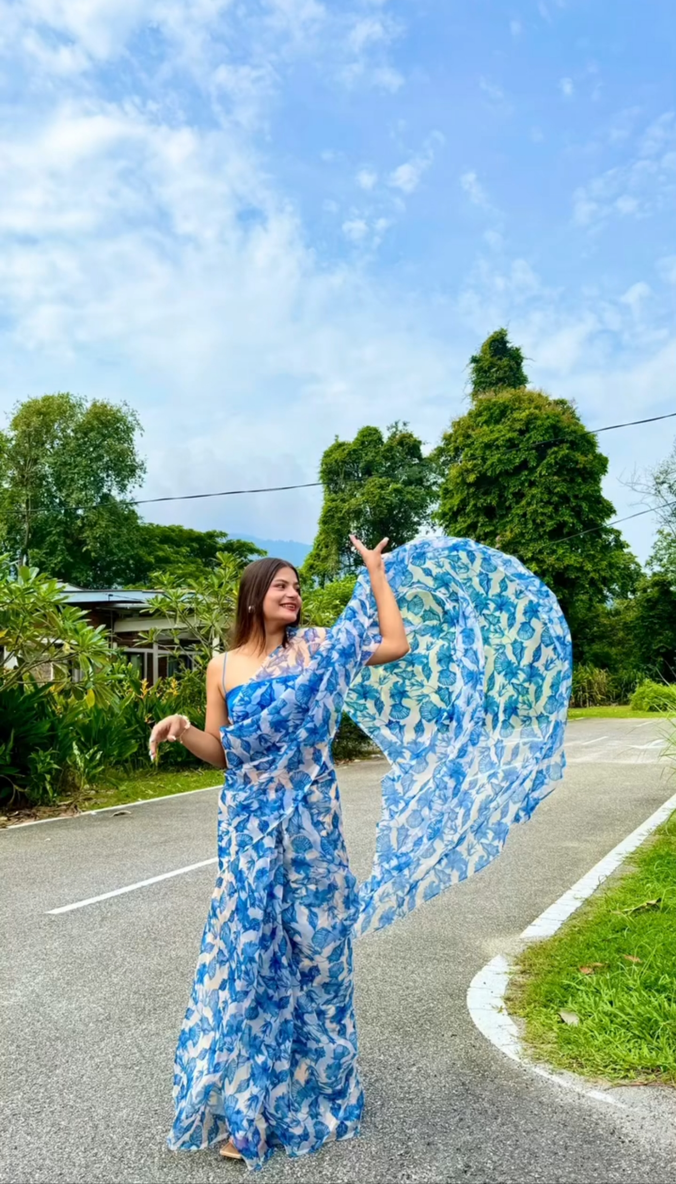 Blue Floral Organza Saree