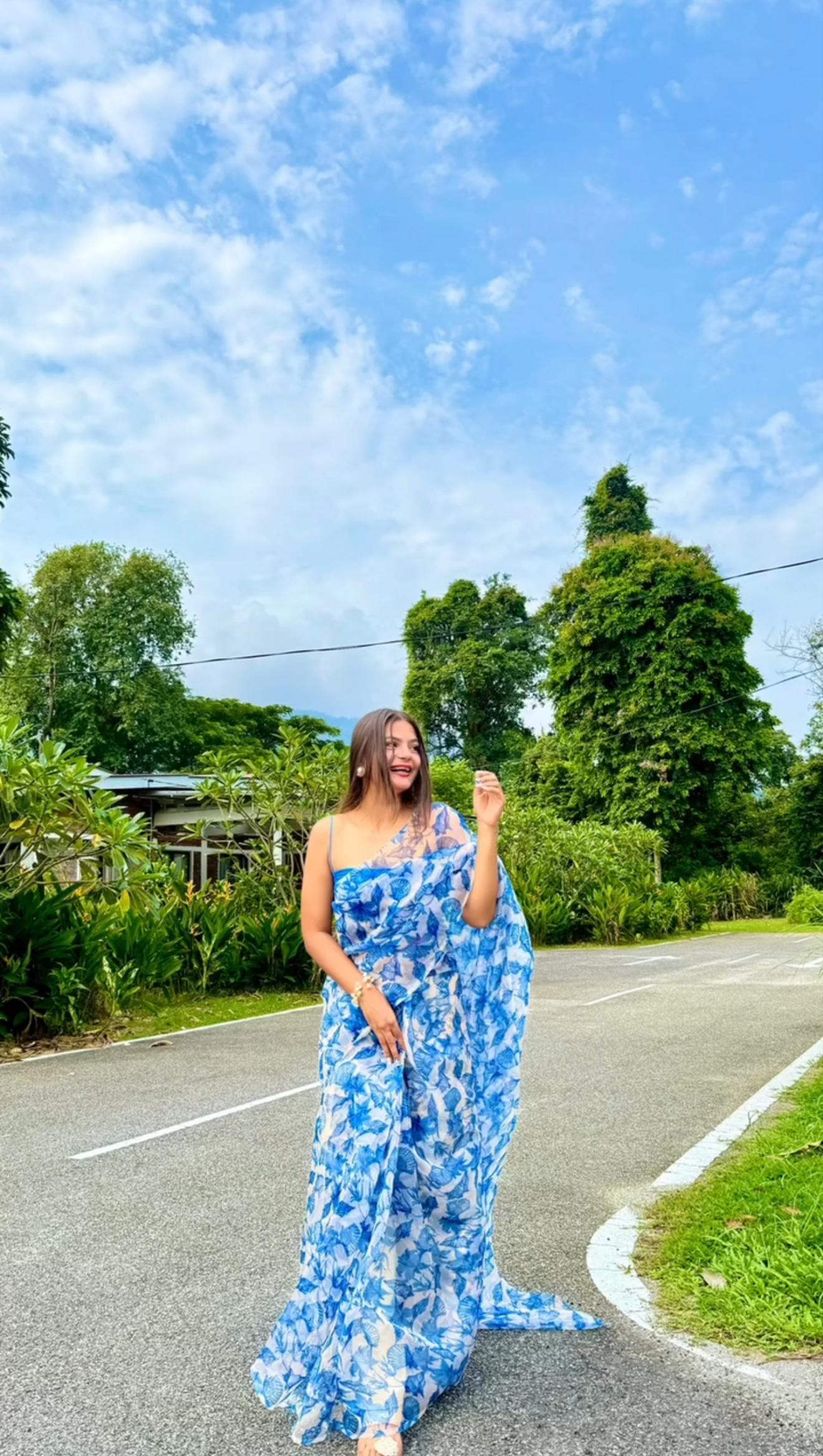 Blue Floral Organza Saree