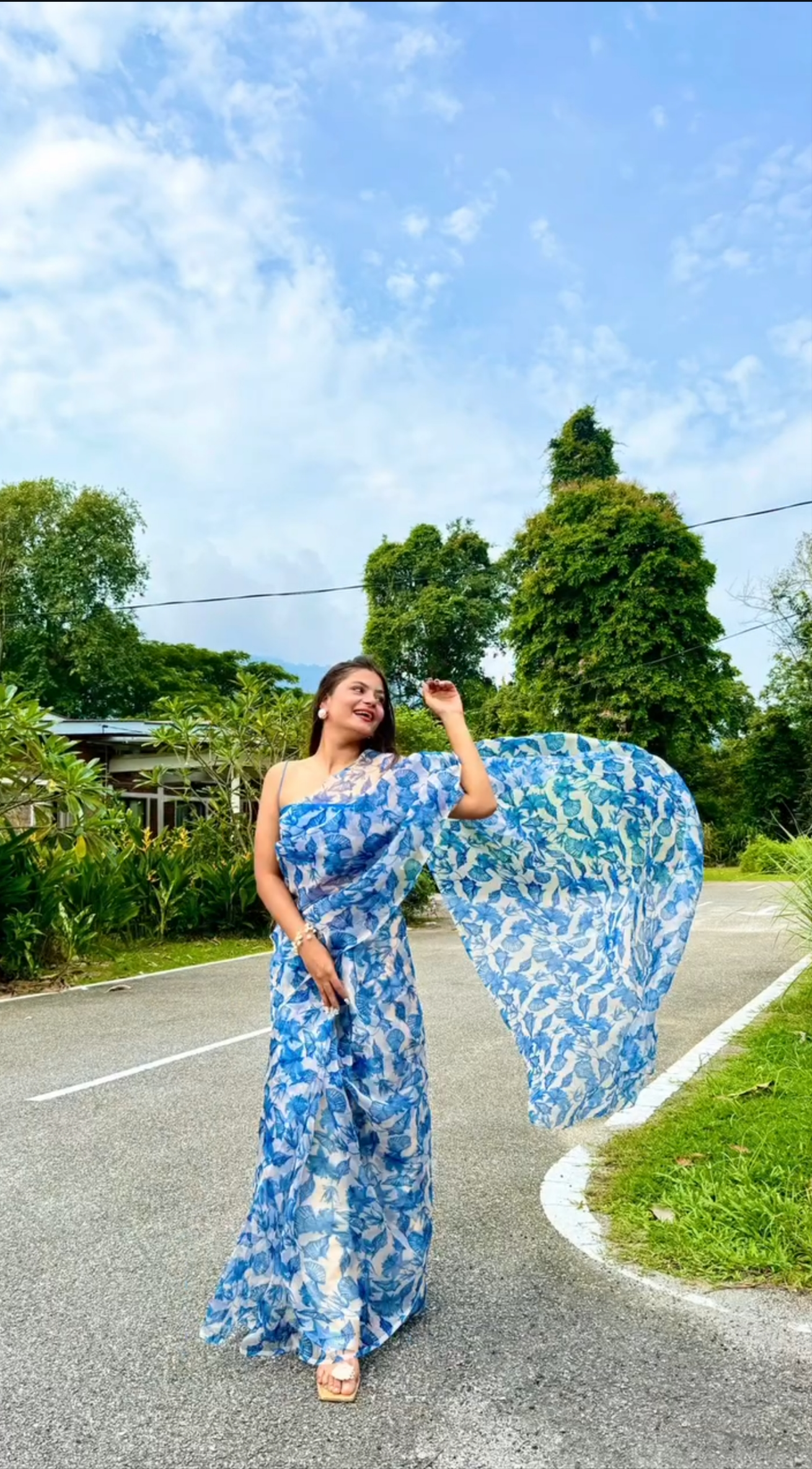 Blue Floral Organza Saree