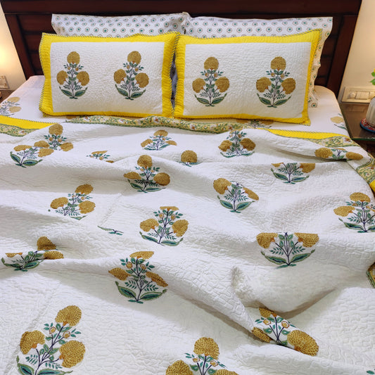 Yellow Poppy Charm Handblock Bed Cover With 2 Pillow Cover