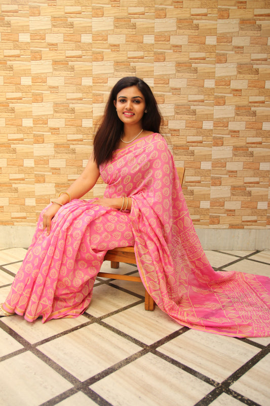 Pink & Beige Bagru Handblock Chanderi Saree