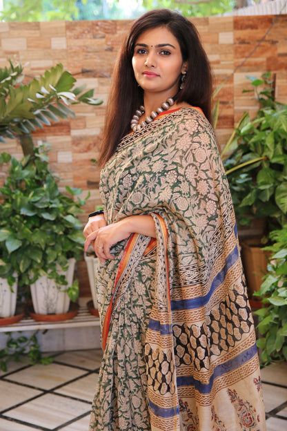 Green & Beige Bagru Handblock Chanderi Saree