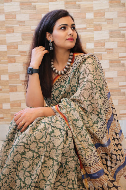 Green & Beige Bagru Handblock Chanderi Saree