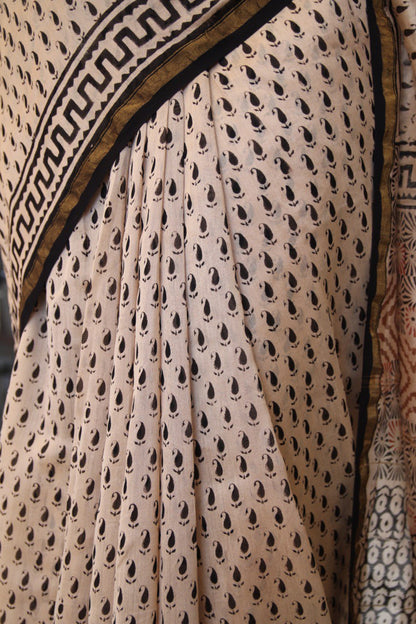 Beige & Black Bagru Handblock Chanderi Saree