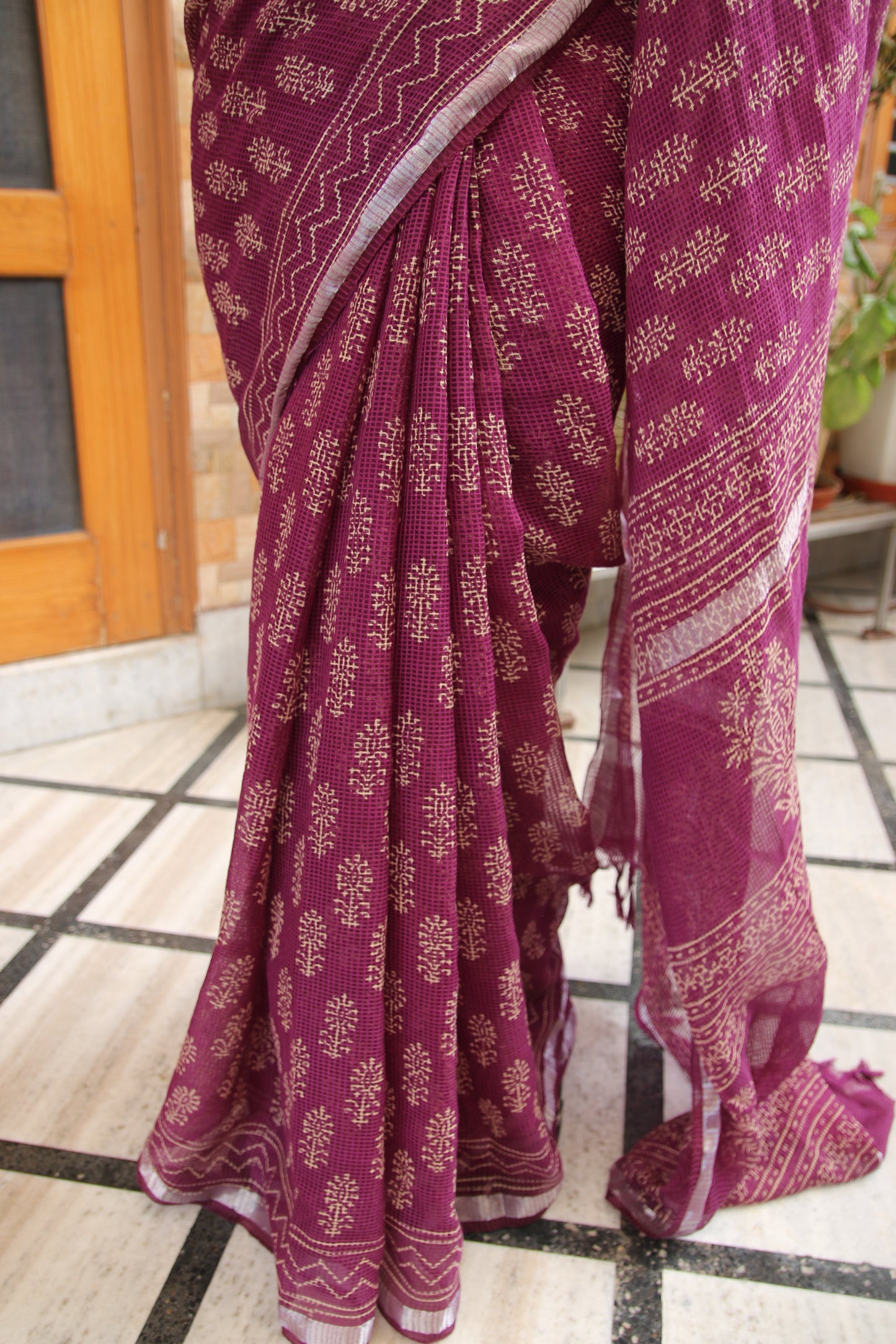 Purple Kota Doria Saree with Bagru Handblock