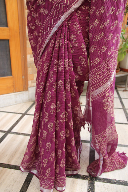 Purple Kota Doria Saree with Bagru Handblock