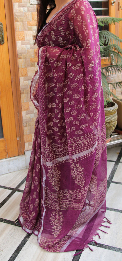 Purple Kota Doria Saree with Bagru Handblock