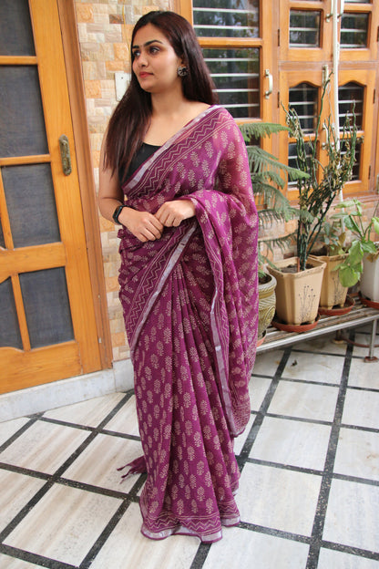 Purple Kota Doria Saree with Bagru Handblock