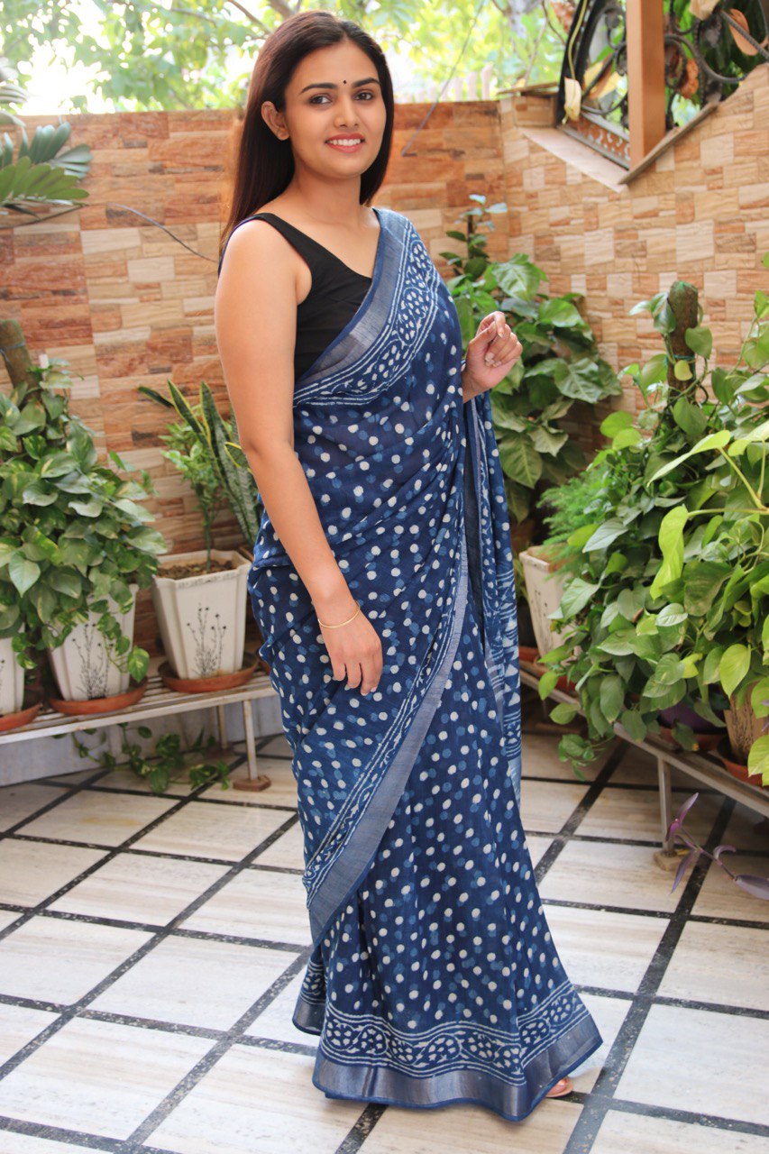 Indigo Linen Saree with Polka Dabu Handblock