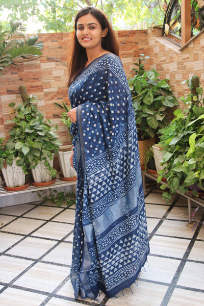Indigo Linen Saree with Polka Dabu Handblock