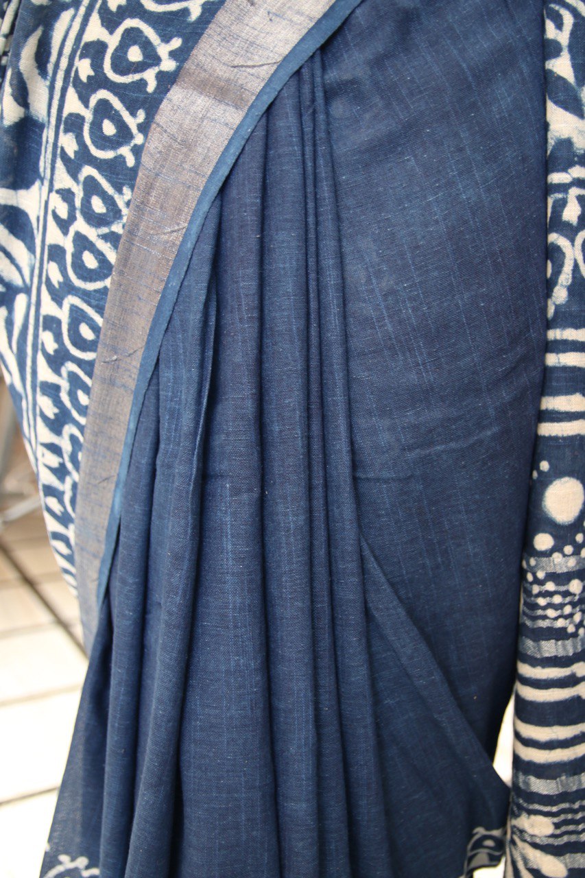Indigo Linen Saree with Dabu Handblock Border